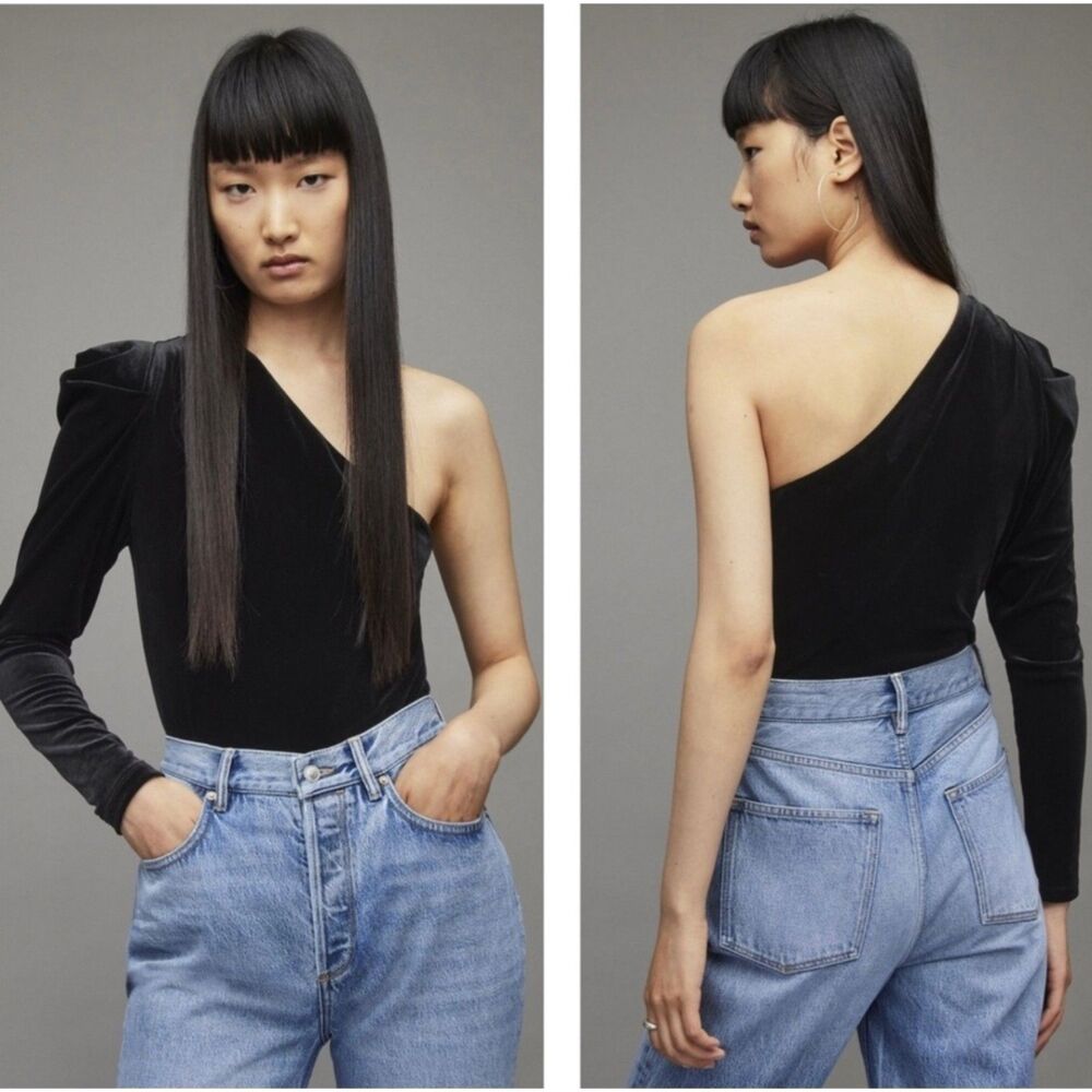 AllSaints Daphne Velvet One Shoulder Bodysuit in Black NWOT Size 0